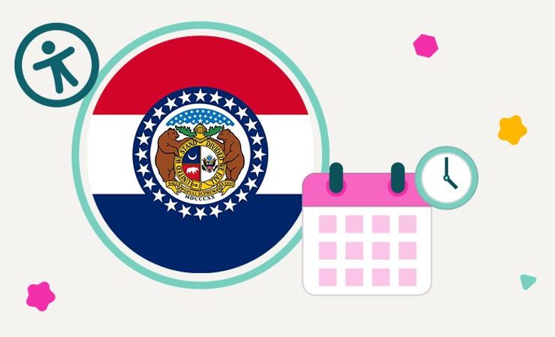 Visual for Missouri-related scheduling: flag with calendar, clock, and user symbol