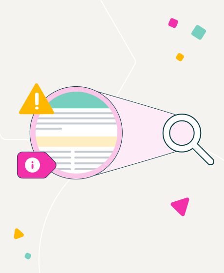 Illustration of a magnifying glass inspecting warning and information icons with text