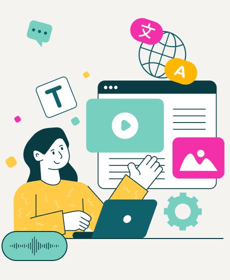 Illustration of a person using a laptop, with icons representing various types of media and content.
