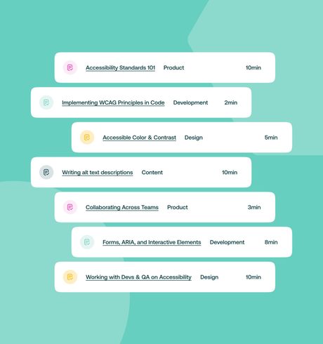 Seven banners displaying accessibility course titles, durations, and subject areas.