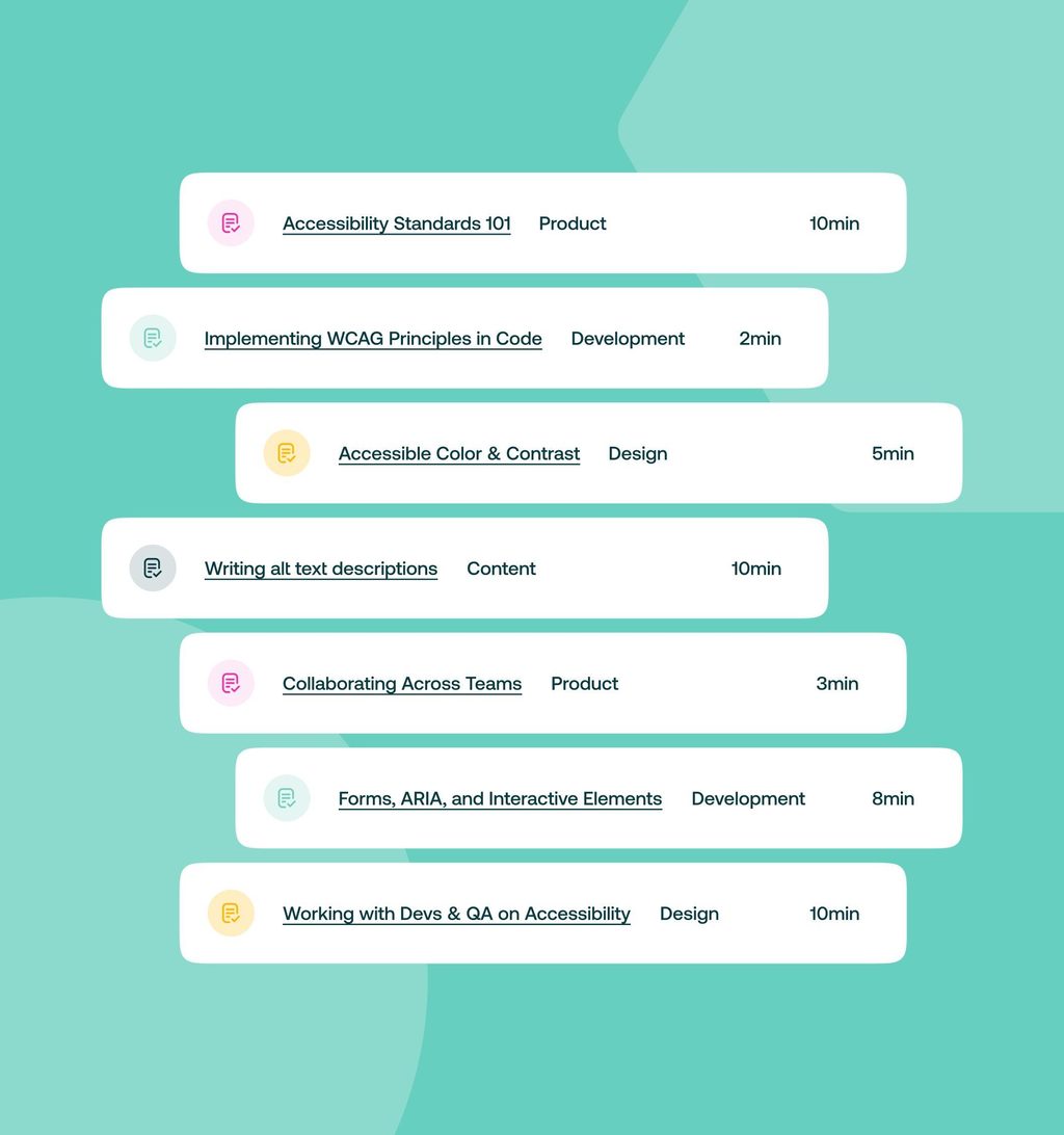 Seven banners displaying accessibility course titles, durations, and subject areas.