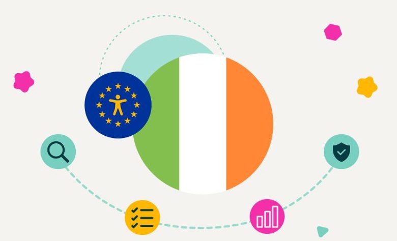 Ireland flag alongside EU symbol and icons for search, verification, analytics, and protection