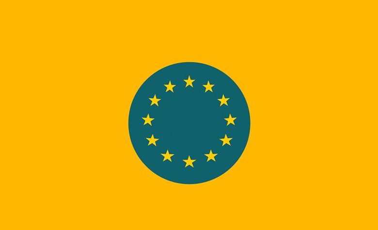 European Union emblem with twelve gold stars in a circle on a teal disc against a gold background
