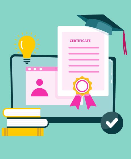An illustration of a certificate, graduation cap, and books