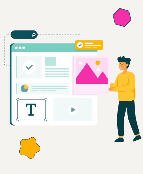 Person looking at a website with icons for images, text, and sound.