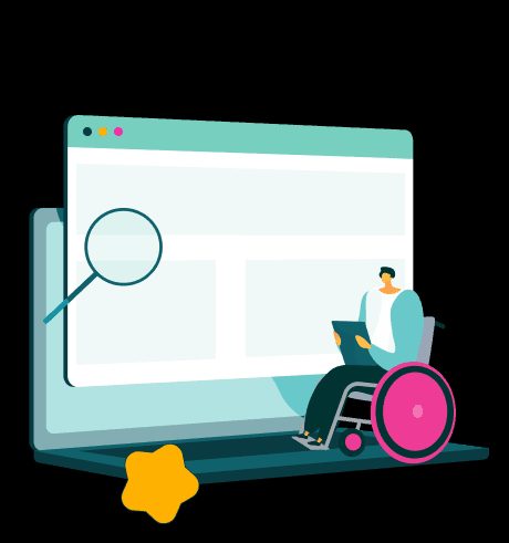 Illustration of a person in a wheelchair using a laptop to access content.