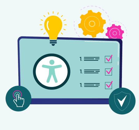Icon representing accessibility, completed tasks, a light bulb representing an idea