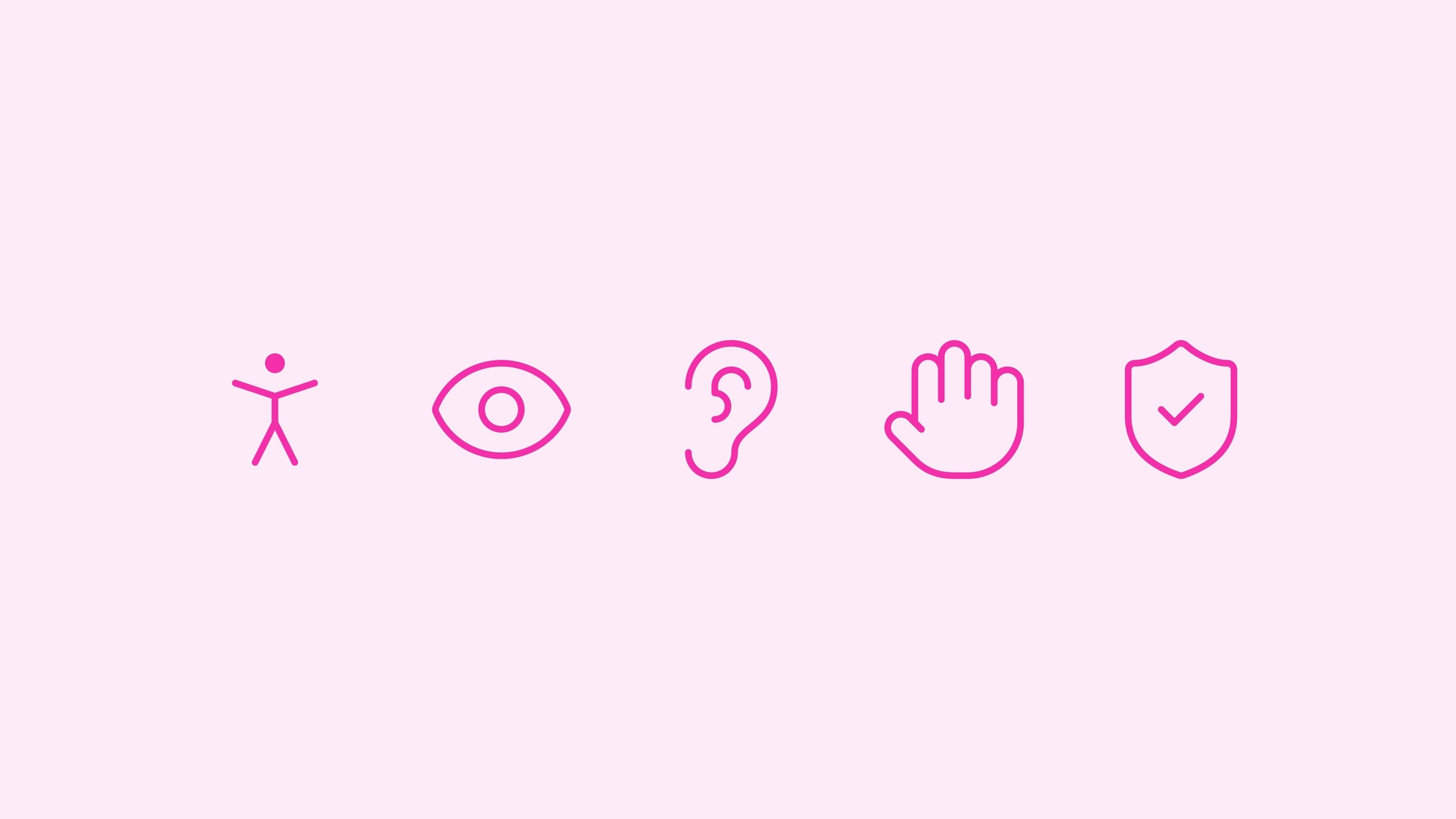 Five decorative icons, body, eye, ear, hand and shield with a tick inside of it