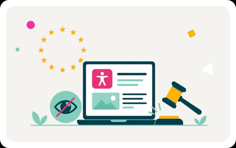 Digital accessibility compliance illustration featuring user interface, legal symbol, and EU branding elements