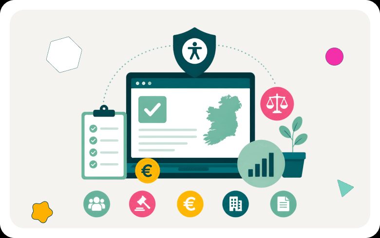Laptop displaying Irish map with checklist, shield, Euro, and legal icons around it