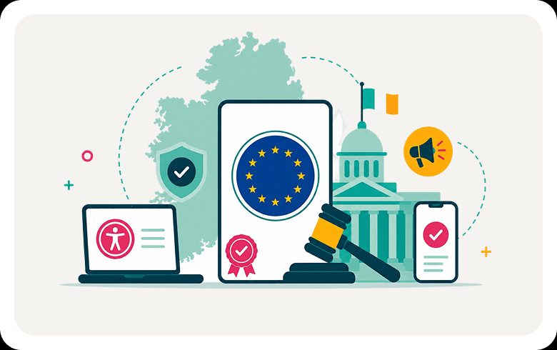 EU compliance concept with shield, checkmarks, courthouse, and devices symbolizing digital regulation and governance