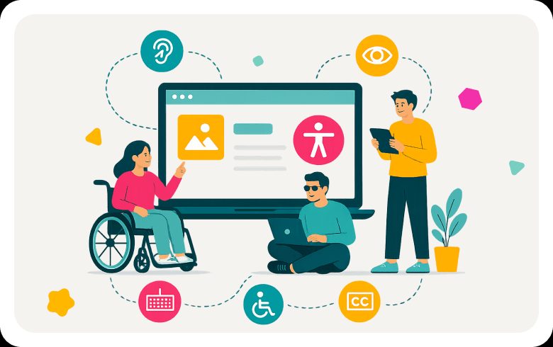 People of different abilities using technology with accessibility features represented by icons