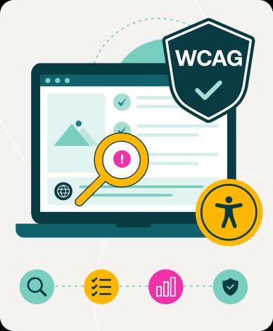 Illustration of platform featuring accessibility testing tools around a laptop with magnifying glass highlighting content