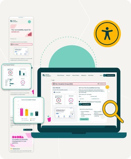 Laptop displaying accessibility audit dashboard with reports and charts surrounding it
