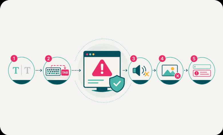 Visual diagram of web accessibility audit steps, starting with text contrast and ending with form validation, centered around a warning screen with shield icon.
